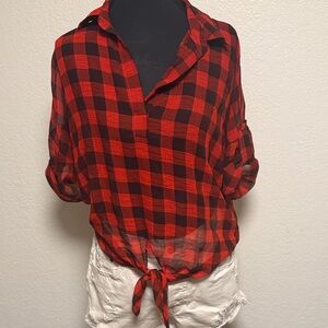 Bobeau Red and Black Plaid Blouse